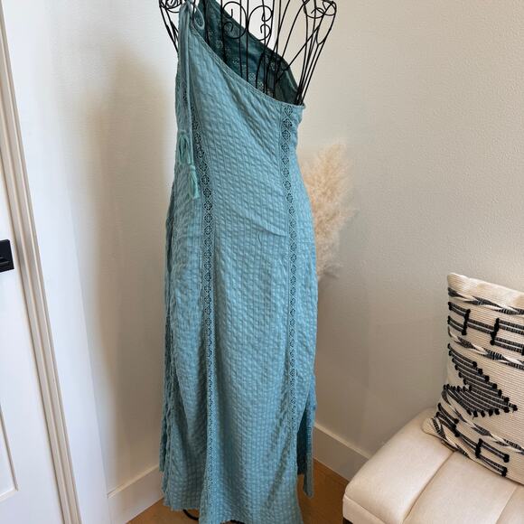 Free People Bella Boho Tie One Shoulder Cotton Maxi Dress Lace Mint Green Small - Picture 6 of 11
